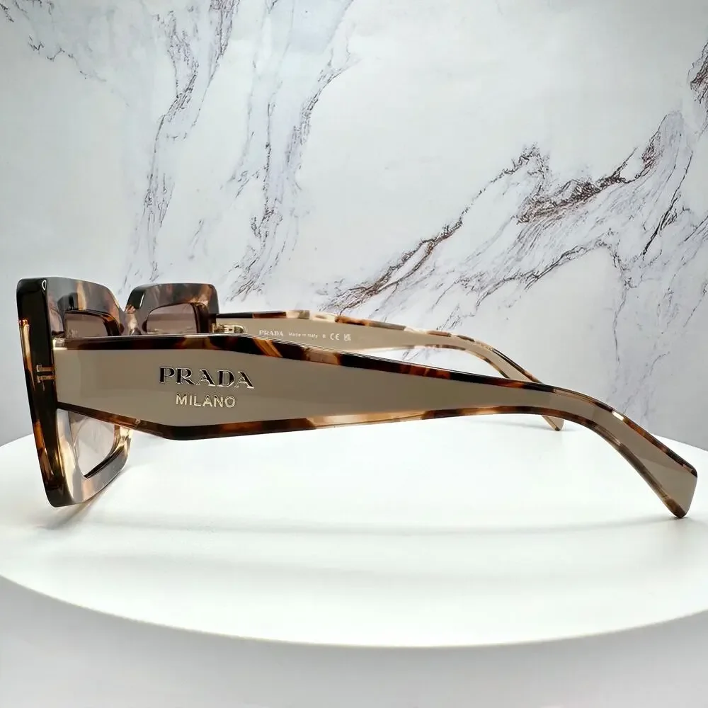 New PRADA Sunglasses Brown Beige Caramel Tortoise Gold Symbole Womens Rectangle